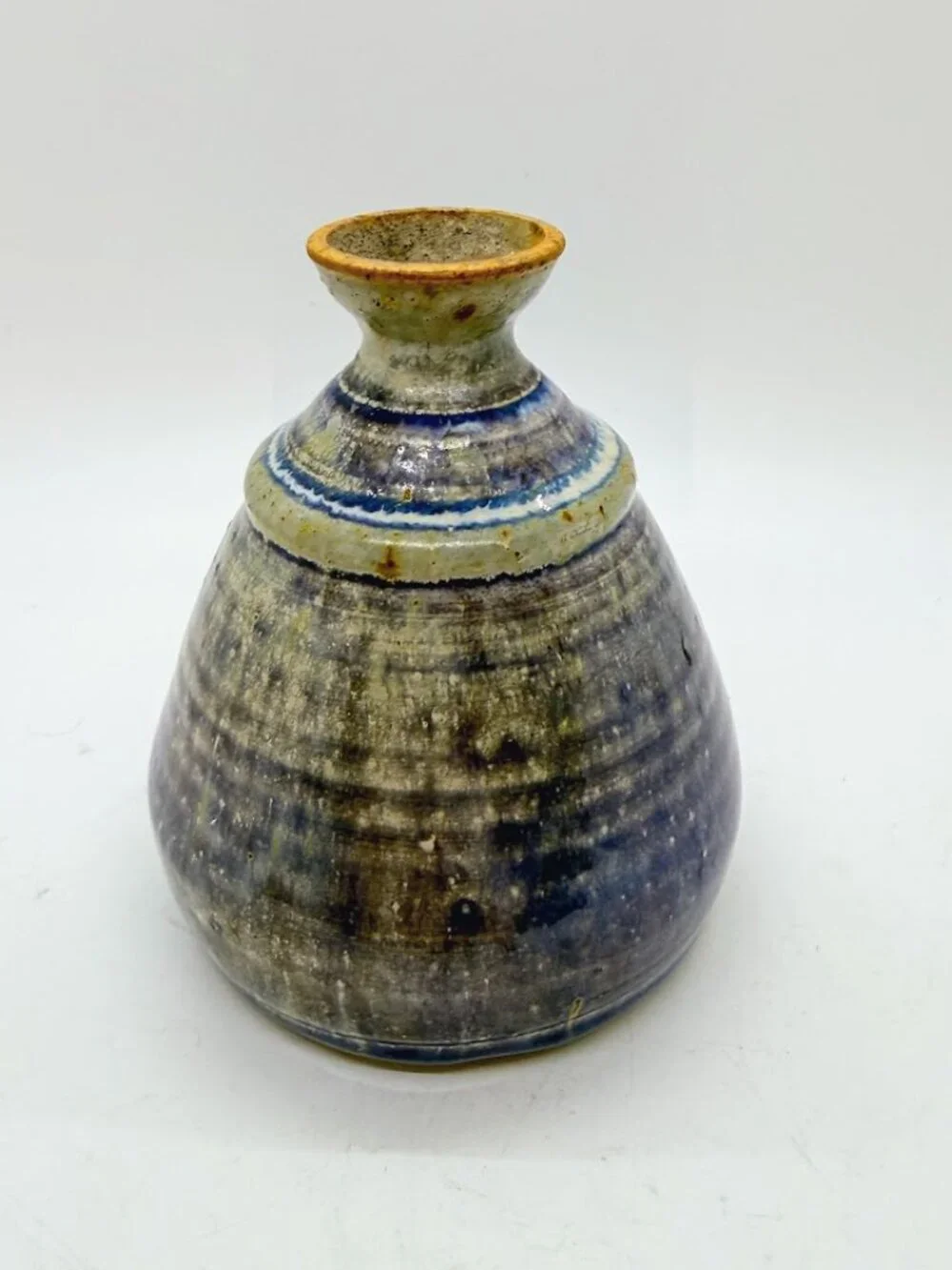Studio Art Pottery Bud Vase Weed Pot Blue Purple Drip Stoneware Signed 4.5